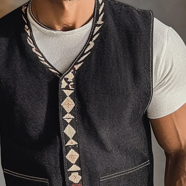 Men's Denim Vest | V Neck Embroidered Design | Premium Denim | Tailored Fit | Casual & Semi-Formal Wear | Durable Outerwear | Unique Embroidered Patterns | Stylish Modern Look