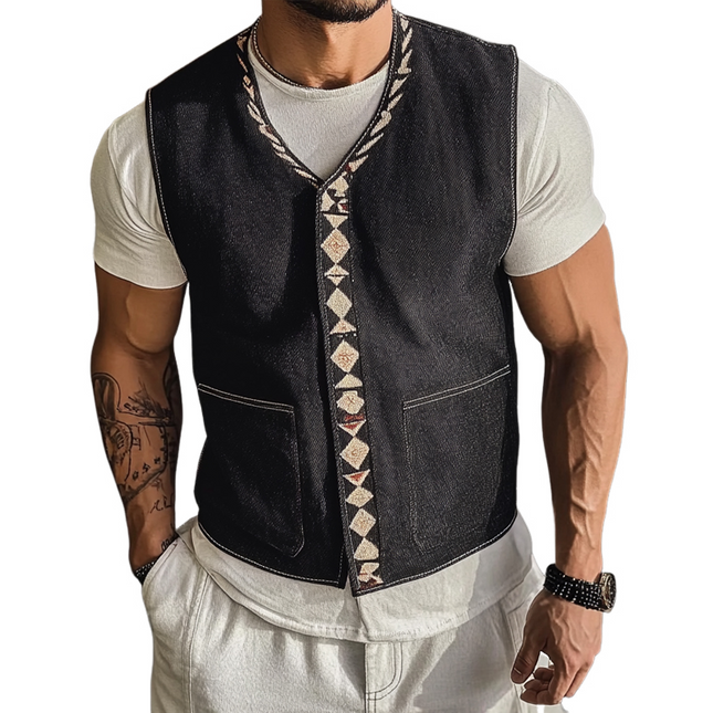 Men's Denim Vest | V Neck Embroidered Design | Premium Denim | Tailored Fit | Casual & Semi-Formal Wear | Durable Outerwear | Unique Embroidered Patterns | Stylish Modern Look