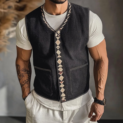 Men's Denim Vest | V Neck Embroidered Design | Premium Denim | Tailored Fit | Casual & Semi-Formal Wear | Durable Outerwear | Unique Embroidered Patterns | Stylish Modern Look