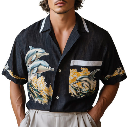 Men's Dolphin Print Short Sleeve Shirt | Sustainable Fashion | Eco-Friendly Apparel | Modern Fit | Lightweight & Breathable | Ocean-Inspired Colors | Casual & Summer Wear | Versatile Styling