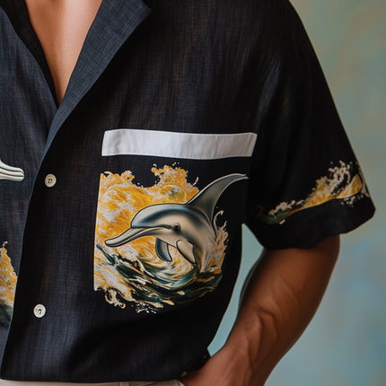 Men's Dolphin Print Short Sleeve Shirt | Sustainable Fashion | Eco-Friendly Apparel | Modern Fit | Lightweight & Breathable | Ocean-Inspired Colors | Casual & Summer Wear | Versatile Styling