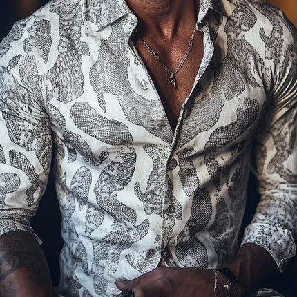 Men's Snake Print Long Sleeve Shirt | Spring Fashion | Eye-Catching Design | High-Quality Fabric | Versatile Dress Shirt | Easy Care | Bold Statement Piece | Perfect for Casual or Formal Wear
