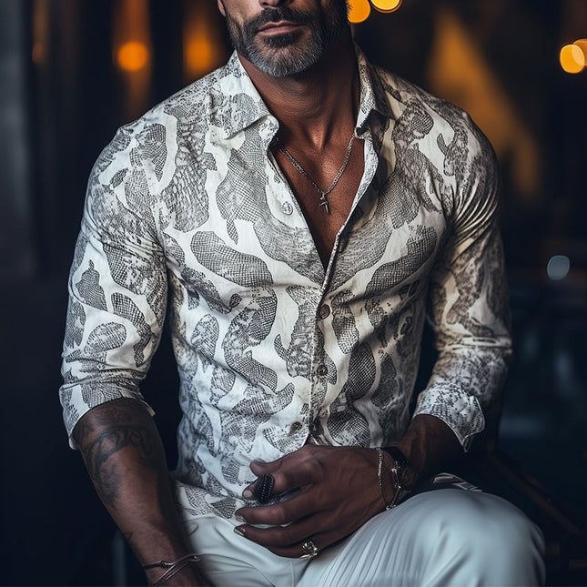 Men's Snake Print Long Sleeve Shirt | Spring Fashion | Eye-Catching Design | High-Quality Fabric | Versatile Dress Shirt | Easy Care | Bold Statement Piece | Perfect for Casual or Formal Wear