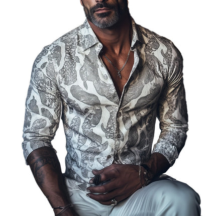 Men's Snake Print Long Sleeve Shirt | Spring Fashion | Eye-Catching Design | High-Quality Fabric | Versatile Dress Shirt | Easy Care | Bold Statement Piece | Perfect for Casual or Formal Wear