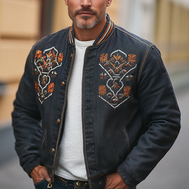Men's Vintage Western Denim Jacket | Distressed Embroidered Button Up | Cowboy Style | Rugged Durable Fabric | Classic Western Collar | Metal Button Closure | Iconic Motifs | Versatile Layering | S-3XL