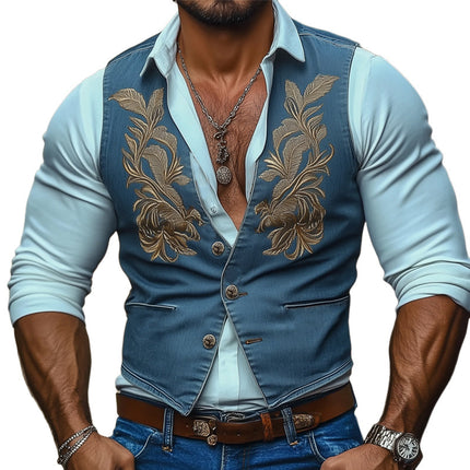 Men's Western Denim Vest | Embroidered Button Up | Retro Cowboy Style | Premium Durable Fabric | Timeless Vintage Look | Multi-pocket Design | Metal Button Closure | Sizes Small to 3XL