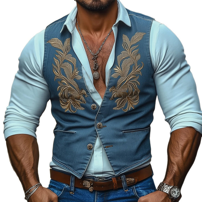Men's Western Denim Vest | Embroidered Button Up | Retro Cowboy Style | Premium Durable Fabric | Timeless Vintage Look | Multi-pocket Design | Metal Button Closure | Sizes Small to 3XL
