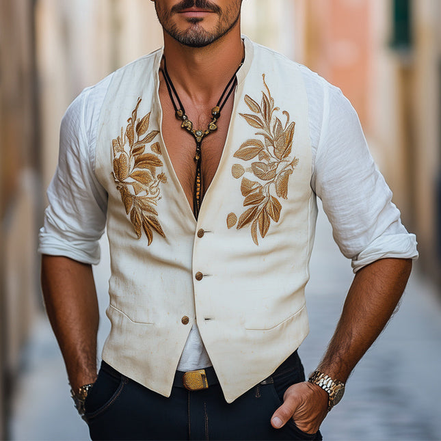 Men's Gold Embroidered Vest | Cotton Linen Blend | Comfortable & Breathable | V-Neck Sleeveless | Classic & Stylish | Formal & Casual Wear | Available in Multiple Sizes | Lightweight & Durable