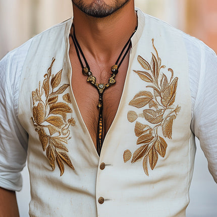 Men's Gold Embroidered Vest | Cotton Linen Blend | Comfortable & Breathable | V-Neck Sleeveless | Classic & Stylish | Formal & Casual Wear | Available in Multiple Sizes | Lightweight & Durable