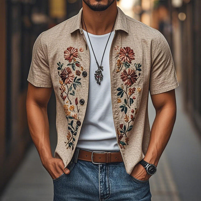 Men's Short Sleeve Linen Shirt | Embroidered Lapel | Single Breasted | Casual Dress Shirt | Premium Breathable Fabric | Relaxed Fit | Versatile Styling | Comfortable Summer Top | Fashionable Men's Apparel