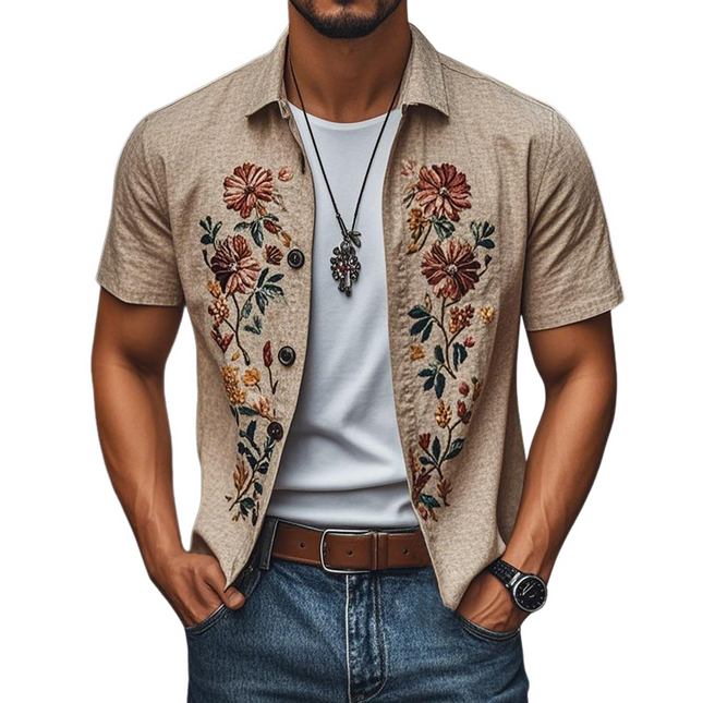 Men's Short Sleeve Linen Shirt | Embroidered Lapel | Single Breasted | Casual Dress Shirt | Premium Breathable Fabric | Relaxed Fit | Versatile Styling | Comfortable Summer Top | Fashionable Men's Apparel