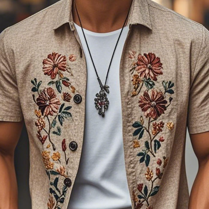 Men's Short Sleeve Linen Shirt | Embroidered Lapel | Single Breasted | Casual Dress Shirt | Premium Breathable Fabric | Relaxed Fit | Versatile Styling | Comfortable Summer Top | Fashionable Men's Apparel