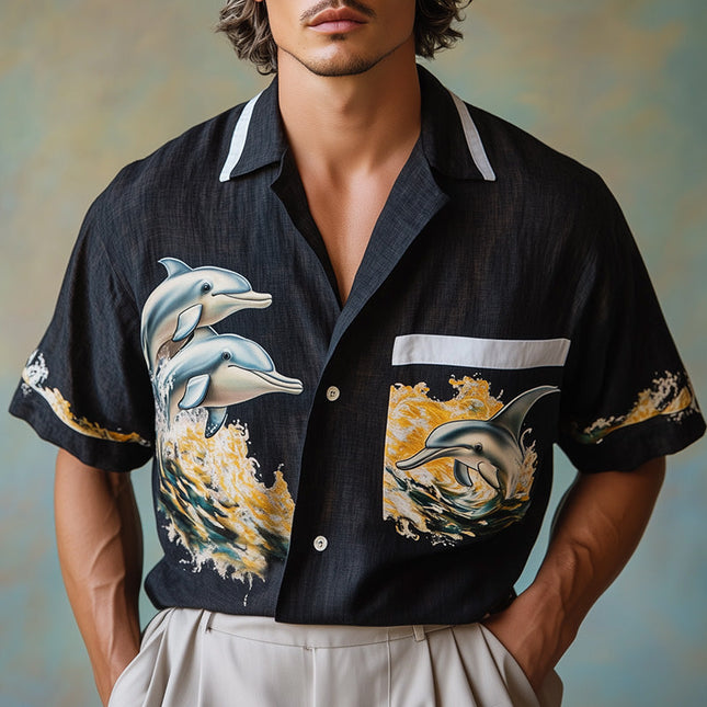 Men's Dolphin Print Short Sleeve Shirt | Sustainable Fashion | Eco-Friendly Apparel | Modern Fit | Lightweight & Breathable | Ocean-Inspired Colors | Casual & Summer Wear | Versatile Styling
