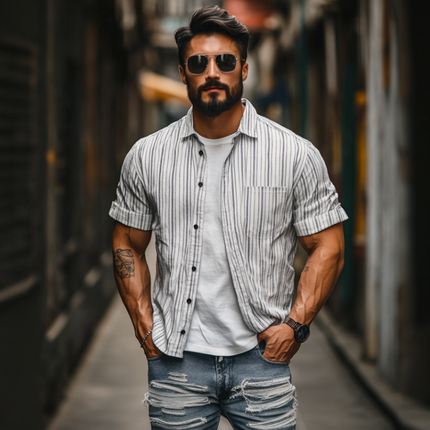 Men's Cotton Linen Striped Short Sleeve Shirt | Relaxed Casual Fit | Single Breasted | Lapel Collar | Breathable Summer Top | Versatile Styling | Comfortable Lightweight Fabric | Easy Care