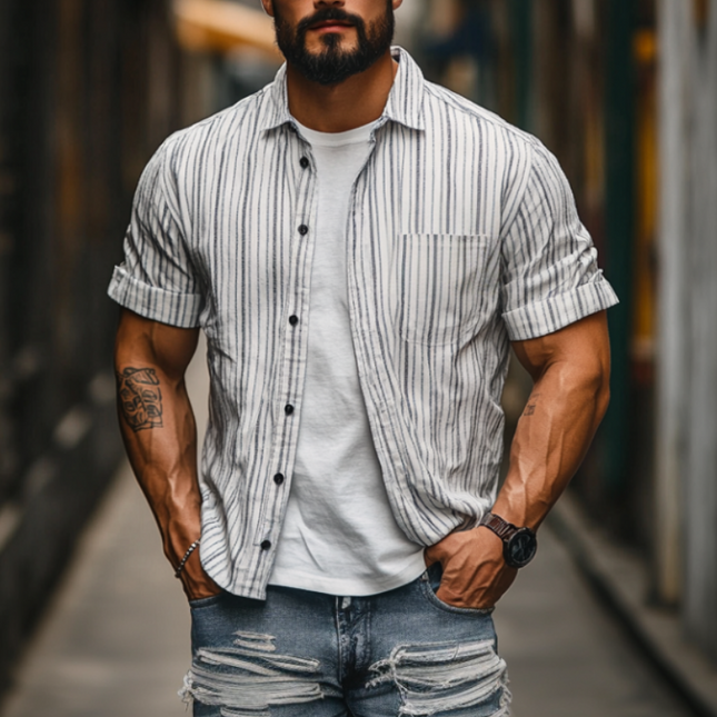 Men's Cotton Linen Striped Short Sleeve Shirt | Relaxed Casual Fit | Single Breasted | Lapel Collar | Breathable Summer Top | Versatile Styling | Comfortable Lightweight Fabric | Easy Care