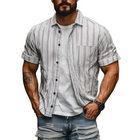 Men's Cotton Linen Striped Short Sleeve Shirt | Relaxed Casual Fit | Single Breasted | Lapel Collar | Breathable Summer Top | Versatile Styling | Comfortable Lightweight Fabric | Easy Care