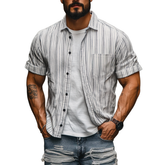 Men's Cotton Linen Striped Short Sleeve Shirt | Relaxed Casual Fit | Single Breasted | Lapel Collar | Breathable Summer Top | Versatile Styling | Comfortable Lightweight Fabric | Easy Care