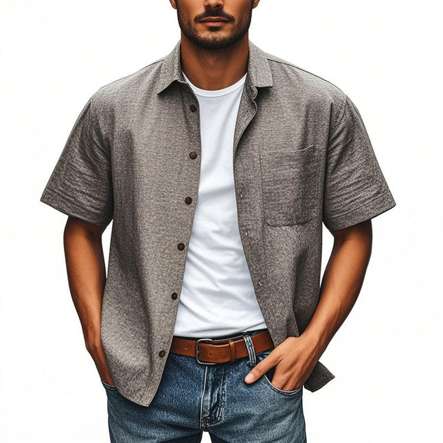 Men's Linen Short Sleeve Shirt | Casual Comfortable Lapel | Breathable Lightweight Fabric | Loose Fit with Patch Pocket | Single Breasted Button Closure | Versatile Summer Top for Warm Weather