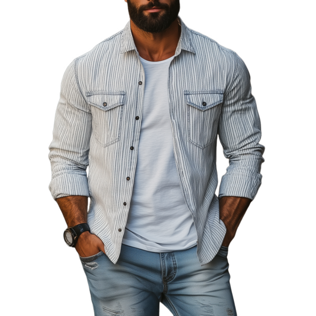 Men's Long Sleeve Shirt | Casual Comfort | Cotton Linen | Striped Lapel Design | Chest Pocket | Loose Fit | Easy Care | Breathable Fabric | Versatile Style | Perfect for Beach and Casual Occasions | Multiple Sizes