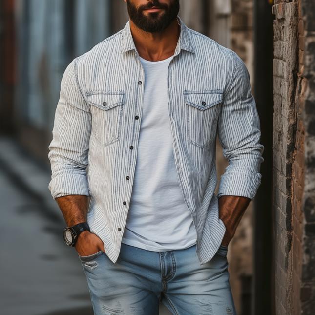 Men's Long Sleeve Shirt | Casual Comfort | Cotton Linen | Striped Lapel Design | Chest Pocket | Loose Fit | Easy Care | Breathable Fabric | Versatile Style | Perfect for Beach and Casual Occasions | Multiple Sizes