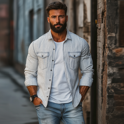 Men's Long Sleeve Shirt | Casual Comfort | Cotton Linen | Striped Lapel Design | Chest Pocket | Loose Fit | Easy Care | Breathable Fabric | Versatile Style | Perfect for Beach and Casual Occasions | Multiple Sizes