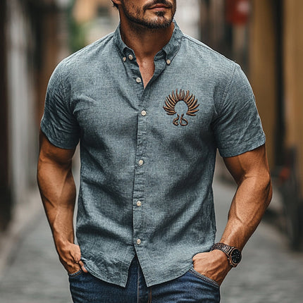 Men's Embroidered Short Sleeve Shirt | Cotton Linen Blend | Breathable Casual Top | Stylish Embroidery for Beachwear | Comfortable Fit | Perfect for Warm Weather