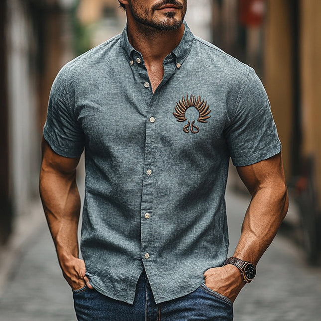 Men's Embroidered Short Sleeve Shirt | Cotton Linen Blend | Breathable Casual Top | Stylish Embroidery for Beachwear | Comfortable Fit | Perfect for Warm Weather