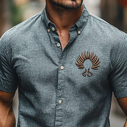 Men's Embroidered Short Sleeve Shirt | Cotton Linen Blend | Breathable Casual Top | Stylish Embroidery for Beachwear | Comfortable Fit | Perfect for Warm Weather