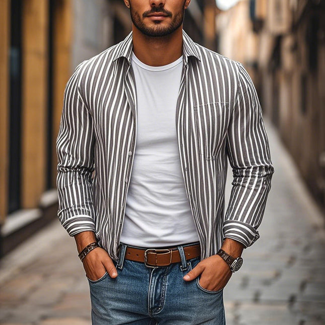 Men's Cotton Linen Long Sleeve Shirt | Striped Lapel Design | Casual Loose Fit | Chest Pocket | Breathable Comfort | Versatile Style | Perfect for Every Occasion