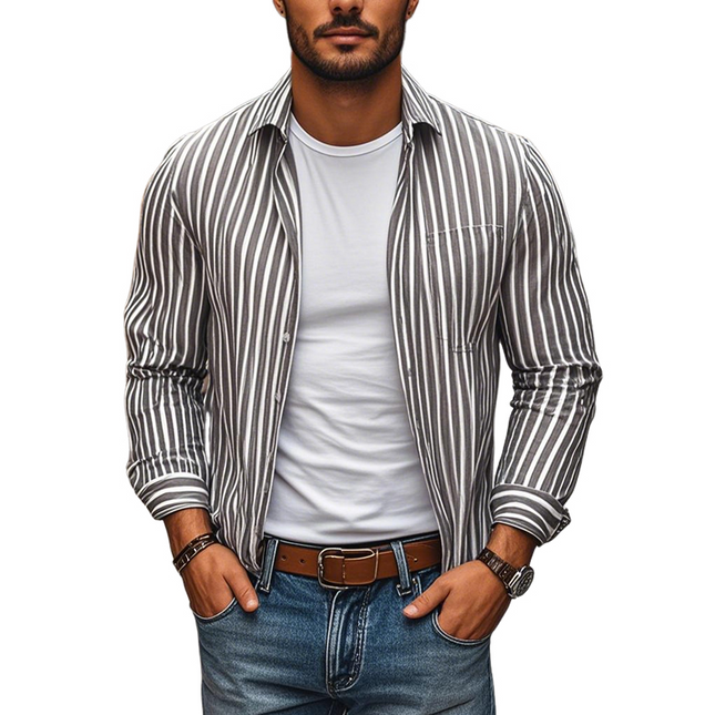 Men's Cotton Linen Long Sleeve Shirt | Striped Lapel Design | Casual Loose Fit | Chest Pocket | Breathable Comfort | Versatile Style | Perfect for Every Occasion