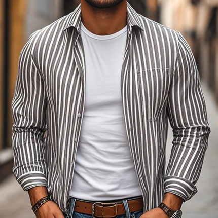 Men's Cotton Linen Long Sleeve Shirt | Striped Lapel Design | Casual Loose Fit | Chest Pocket | Breathable Comfort | Versatile Style | Perfect for Every Occasion