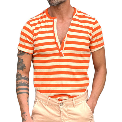 Men's Striped Henley Neck T-Shirt | Casual Short Sleeve | Breathable Lightweight Fabric | Stylish Buttoned Placket | Versatile Warm Weather Design | Trendy Stripe Pattern | Fashionable Everyday Wear