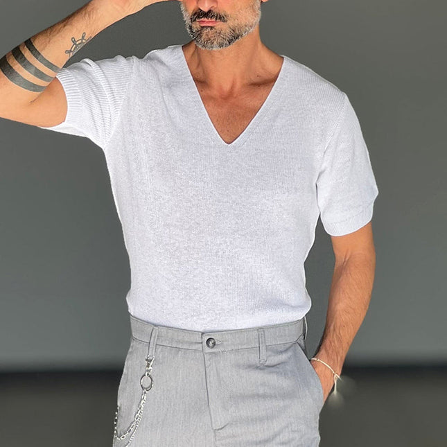 Men's V-Neck Short Sleeve Knitted T-Shirt | Solid Colors | Soft Comfort | Casual & Semi-Formal Wear | Premium Knit Fabric | Stylish Fit