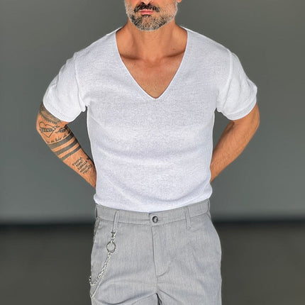Men's V-Neck Short Sleeve Knitted T-Shirt | Solid Colors | Soft Comfort | Casual & Semi-Formal Wear | Premium Knit Fabric | Stylish Fit