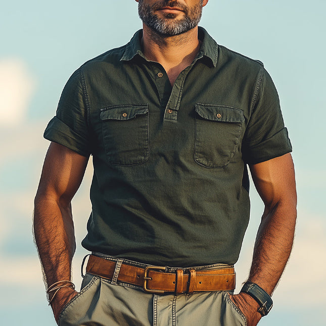 Men's Summer Polo T-Shirt | Distressed Design | Double Pocket | Short Sleeve | Casual Cotton Blend | Fashion Forward | Breathable Comfort