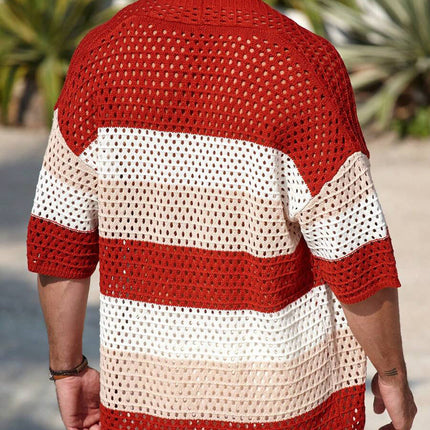 Men's Striped Knit Cardigan | Short Sleeve | Button-Down | High-Quality Fabric | Classic Stripes | Breathable Comfort | Versatile Layering | Stylish Outerwear