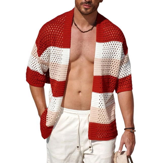 Men's Striped Knit Cardigan | Short Sleeve | Button-Down | High-Quality Fabric | Classic Stripes | Breathable Comfort | Versatile Layering | Stylish Outerwear