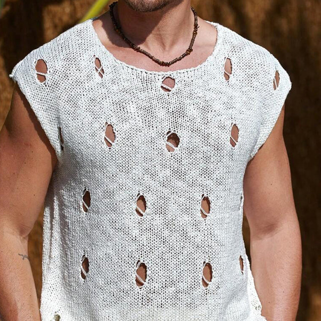 Men's Knit Tank Top | Solid Color | Ripped Crew Neck | Casual & Breathable Sleeveless Shirt | Edgy Streetwear Style | Versatile for Gym & Layering