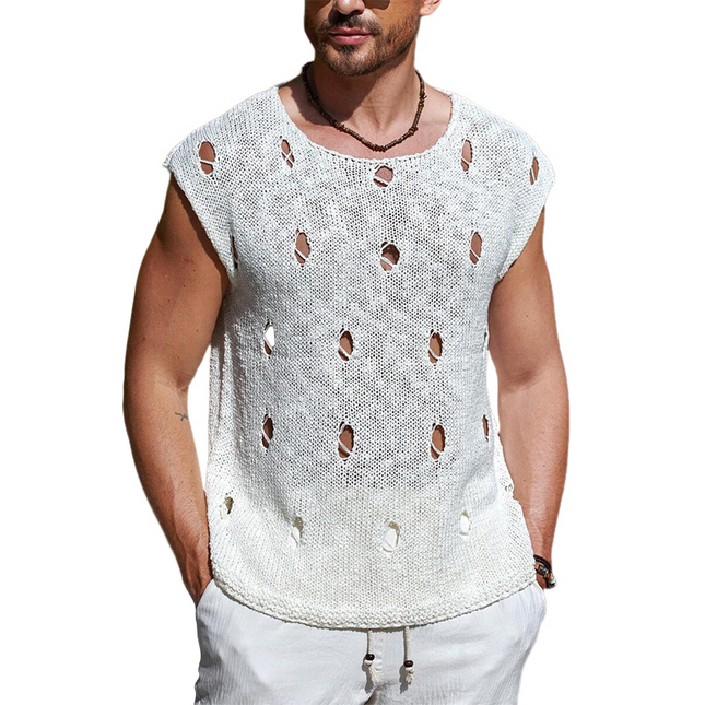 Men's Knit Tank Top | Solid Color | Ripped Crew Neck | Casual & Breathable Sleeveless Shirt | Edgy Streetwear Style | Versatile for Gym & Layering