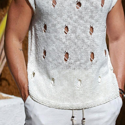 Men's Knit Tank Top | Solid Color | Ripped Crew Neck | Casual & Breathable Sleeveless Shirt | Edgy Streetwear Style | Versatile for Gym & Layering