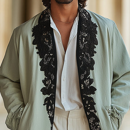 Men's Lightweight Spring Jacket | Lace Embroidery Detail | Stylish Outerwear | Sophisticated Fashion | Neutral Tones | Breathable Comfort | Premium Quality Fabric | Elegant Thin Jacket | Versatile Design