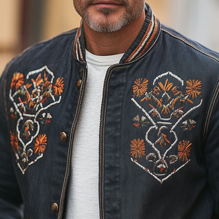 Men's Vintage Western Denim Jacket | Distressed Embroidered Button Up | Cowboy Style | Rugged Durable Fabric | Classic Western Collar | Metal Button Closure | Iconic Motifs | Versatile Layering | S-3XL