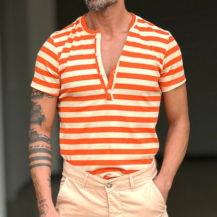 Men's Striped Henley Neck T-Shirt | Casual Short Sleeve | Breathable Lightweight Fabric | Stylish Buttoned Placket | Versatile Warm Weather Design | Trendy Stripe Pattern | Fashionable Everyday Wear