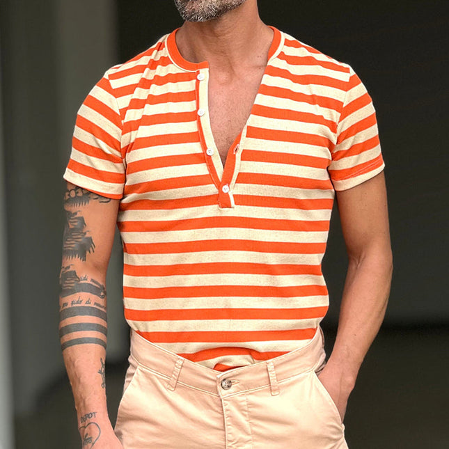 Men's Striped Henley Neck T-Shirt | Casual Short Sleeve | Breathable Lightweight Fabric | Stylish Buttoned Placket | Versatile Warm Weather Design | Trendy Stripe Pattern | Fashionable Everyday Wear