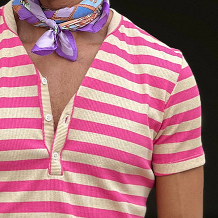 Men's Striped Henley Neck T-Shirt | Casual Short Sleeve | Breathable Lightweight Fabric | Stylish Buttoned Placket | Versatile Warm Weather Design | Trendy Stripe Pattern | Fashionable Everyday Wear