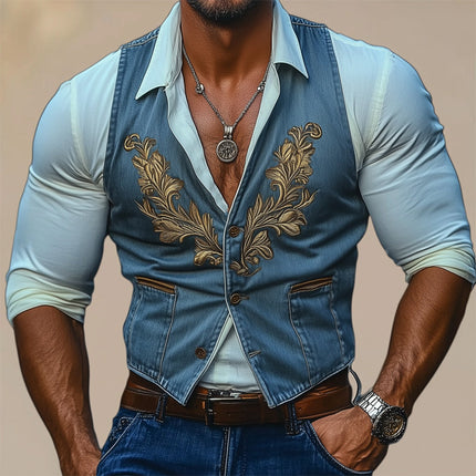 Men's Vintage Embroidered Denim Vest | 3-Button Closure | Classic Blue | Tailored Fit | Versatile Layering | High-Quality Durable Fabric | Artistic Detail | Sizes S-3XL | Timeless Fashion Outerwear