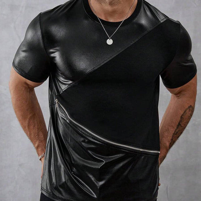 Men's Patchwork Zipper T-Shirt | Solid Color Round Neck | Short Sleeve | Modern Design | Casual Semi-Formal Wear | Comfortable Fit | High-Quality Fabric | Versatile Men's Top | Fashionable T-Shirt