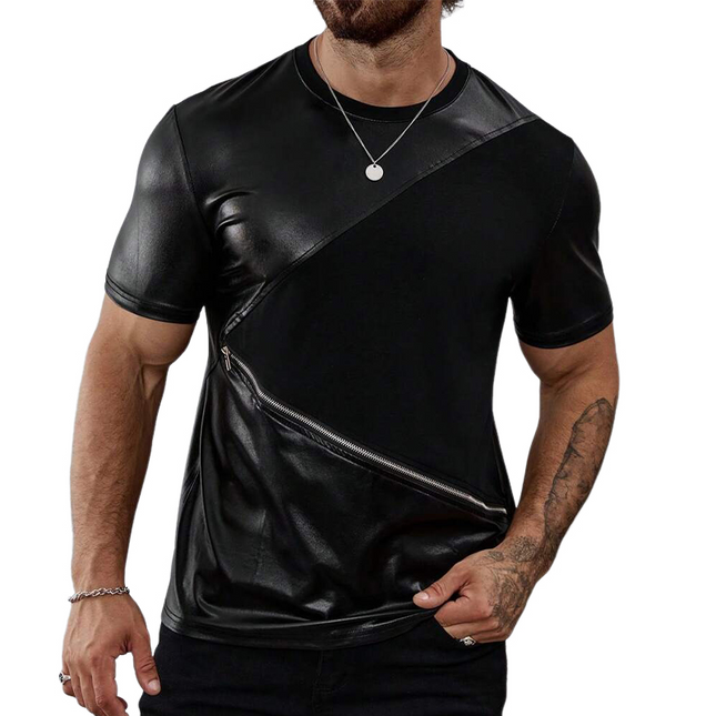 Men's Patchwork Zipper T-Shirt | Solid Color Round Neck | Short Sleeve | Modern Design | Casual Semi-Formal Wear | Comfortable Fit | High-Quality Fabric | Versatile Men's Top | Fashionable T-Shirt