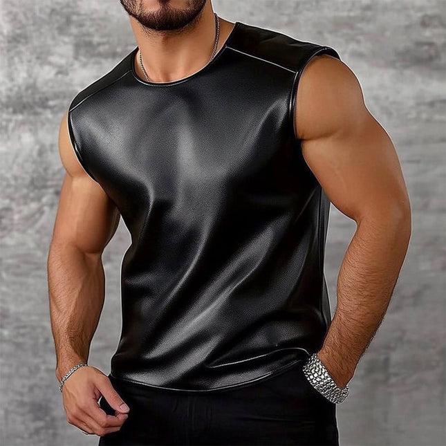 Men's Faux Leather Tank Top | Solid Color | Round Neck | Casual Fit | Versatile Wardrobe Essential | Durable Material | Easy Care | Modern Style | Perfect for Layering | Sizes Available