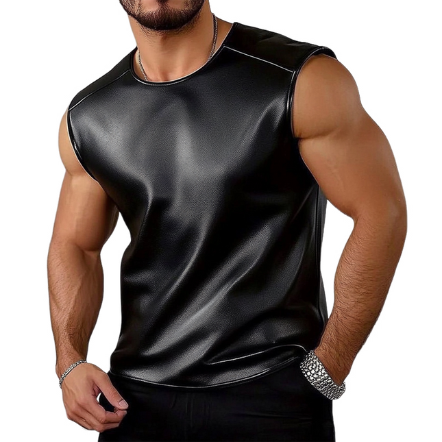 Men's Faux Leather Tank Top | Solid Color | Round Neck | Casual Fit | Versatile Wardrobe Essential | Durable Material | Easy Care | Modern Style | Perfect for Layering | Sizes Available